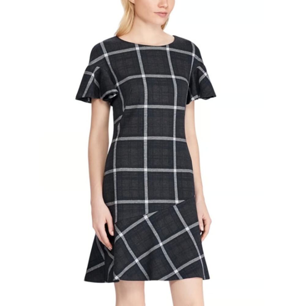 Ralph Lauren Windowpane Plaid Mini Dress Flutter Sleeve Shift Gray White NWT
